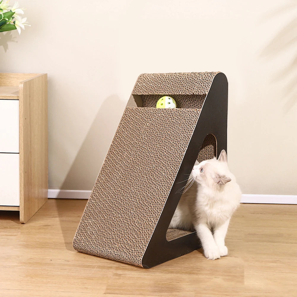 2 In 1 Cat Scratcher Cardboard Triangles Shaped With Spinnings Balls