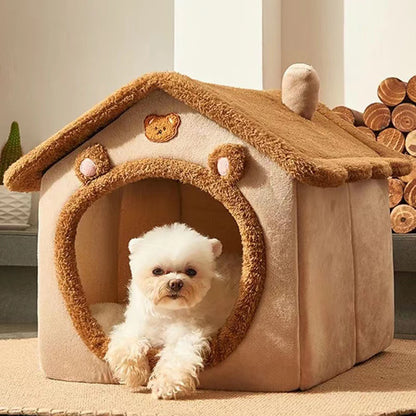 Enclosed Pet Bed, Brown Teddy Bear Style