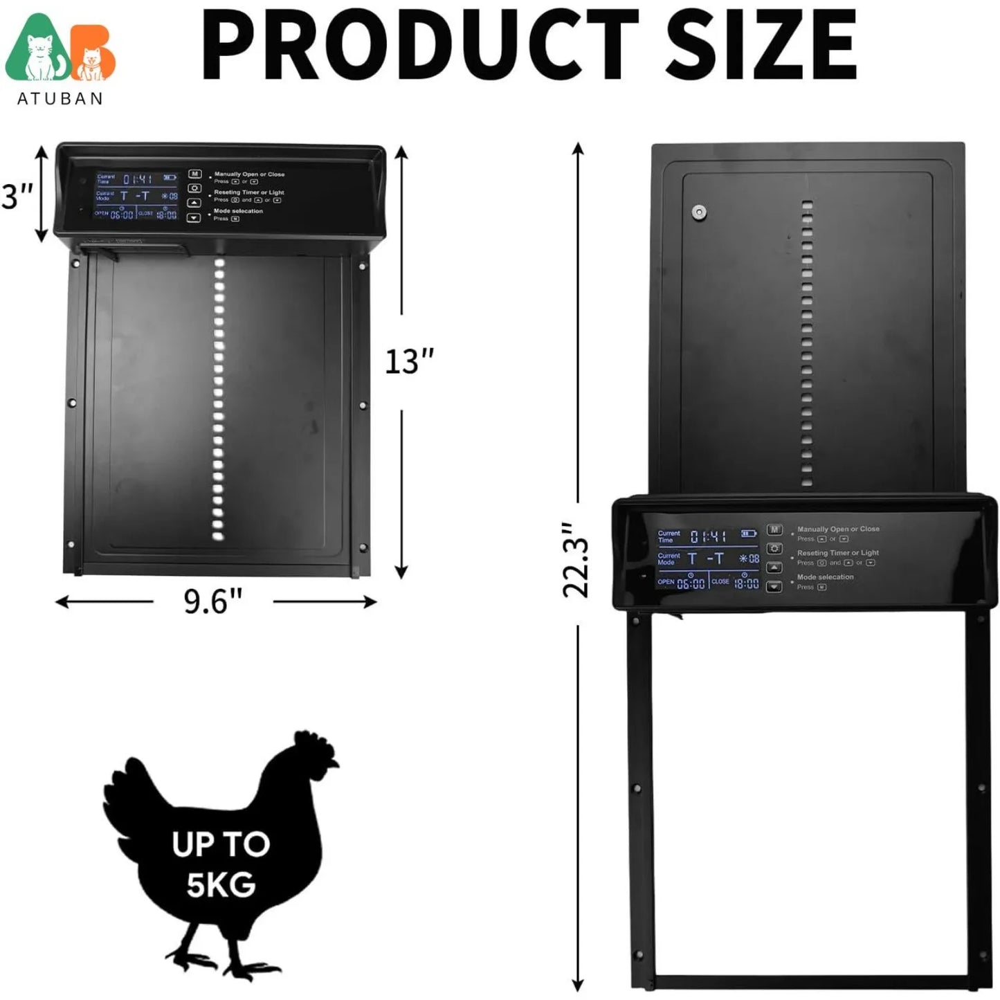 Automatic Chicken Coop Door Solar Powered, Electric LCD Display Chicken Door with Timer, Anti-Pinch Chicken Coop Door Opener