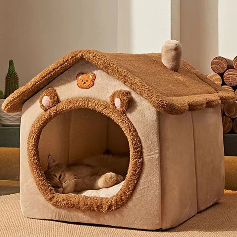 Enclosed Pet Bed, Brown Teddy Bear Style