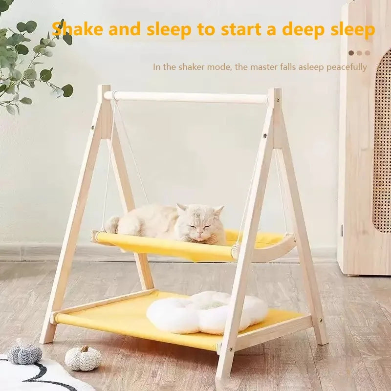 Double Layered Pet Hammock Light Luxury Cat Swing Large Capacity Wooden Cat Bed Floor Standing Comfortable and Stable Cat Bed