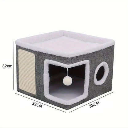 4-Season Multi-Level Cat House - Indoor  Foldable Design, Scratching Board & Non-Slip Base 30LB Capacity, Warm Cat Bed Cat Cave