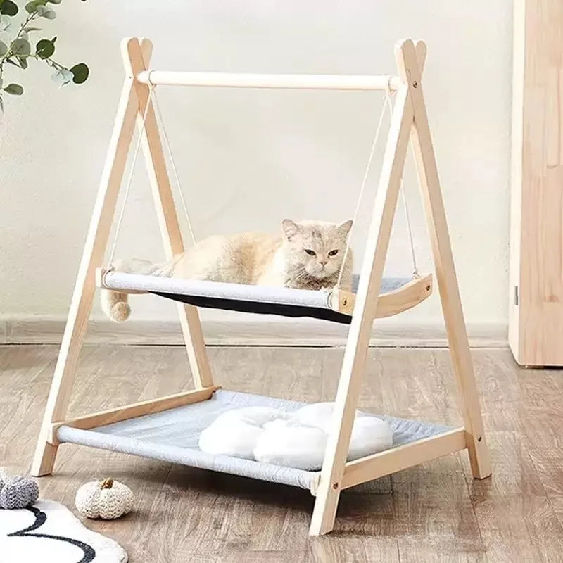 Double Layered Pet Hammock Light Luxury Cat Swing Large Capacity Wooden Cat Bed Floor Standing Comfortable and Stable Cat Bed