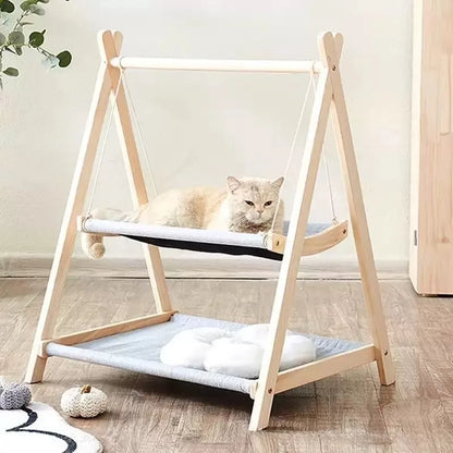 Double Layered Pet Hammock Light Luxury Cat Swing Large Capacity Wooden Cat Bed Floor Standing Comfortable and Stable Cat Bed