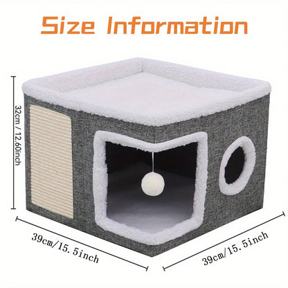 4-Season Multi-Level Cat House - Indoor  Foldable Design, Scratching Board & Non-Slip Base 30LB Capacity, Warm Cat Bed Cat Cave