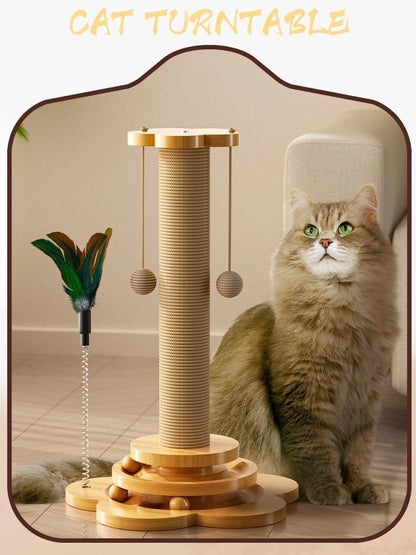 Solid Wood Cat Turntable w/ Hanging Balls [+ Sisal Scratching Board]