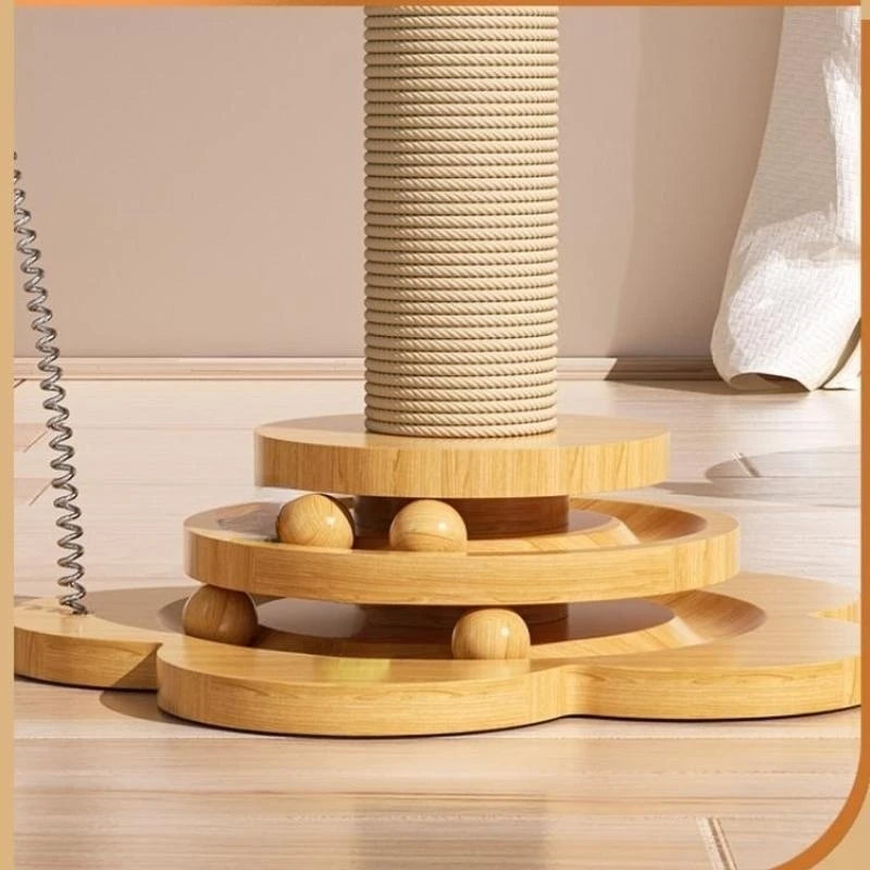 Solid Wood Cat Turntable w/ Hanging Balls [+ Sisal Scratching Board]