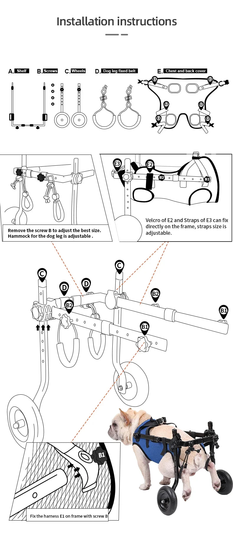 Pet Wheelchair Cart Adjustable Mobility Aids with Wheels [Rehabilitation Walking Mobility Aid]