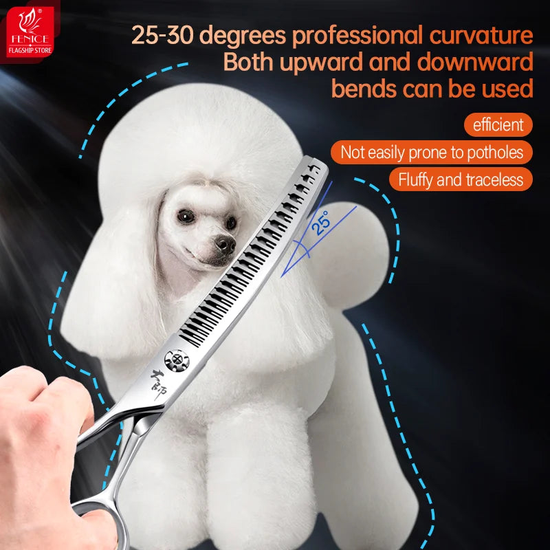 Fenice Left-handed 7.0 inch High-end JP440C 25° Curved Natural Thinning Scissors Pet Shears for Dog trimming Thinning rate 75%