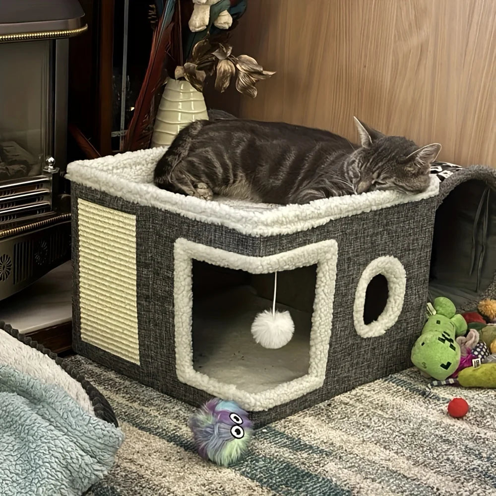 4-Season Multi-Level Cat House - Indoor  Foldable Design, Scratching Board & Non-Slip Base 30LB Capacity, Warm Cat Bed Cat Cave