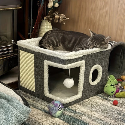 4-Season Multi-Level Cat House - Indoor  Foldable Design, Scratching Board & Non-Slip Base 30LB Capacity, Warm Cat Bed Cat Cave