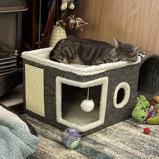 4-Season Multi-Level Cat House - Indoor  Foldable Design, Scratching Board & Non-Slip Base 30LB Capacity, Warm Cat Bed Cat Cave