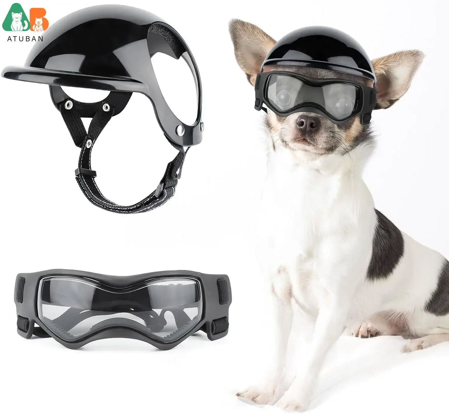 Dog Helmet and Dog Goggles for Motorcycle [Ear Holes + Adjustable Straps = Happy Puppy Riding]