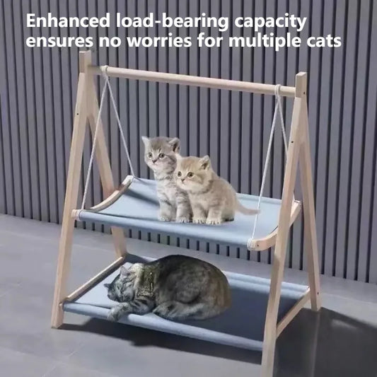 Double Layered Pet Hammock Light Luxury Cat Swing Large Capacity Wooden Cat Bed Floor Standing Comfortable and Stable Cat Bed