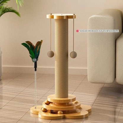 Solid Wood Cat Turntable w/ Hanging Balls [+ Sisal Scratching Board]