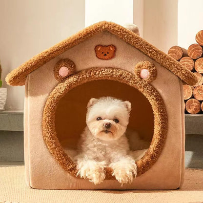 Enclosed Pet Bed, Brown Teddy Bear Style