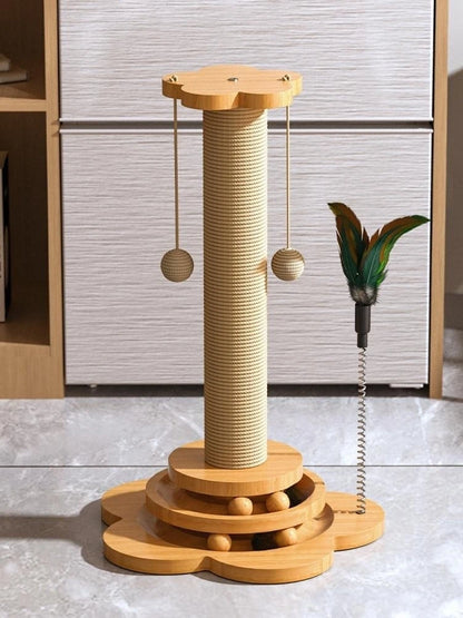 Solid Wood Cat Turntable w/ Hanging Balls [+ Sisal Scratching Board]