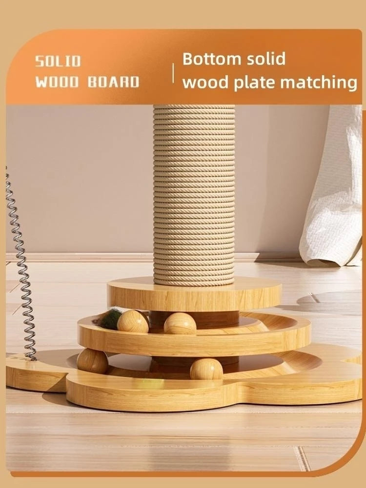 Solid Wood Cat Turntable w/ Hanging Balls [+ Sisal Scratching Board]