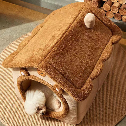 Enclosed Pet Bed, Brown Teddy Bear Style