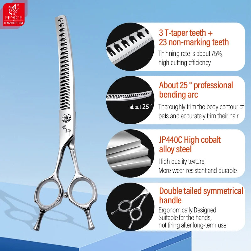 Fenice Left-handed 7.0 inch High-end JP440C 25° Curved Natural Thinning Scissors Pet Shears for Dog trimming Thinning rate 75%
