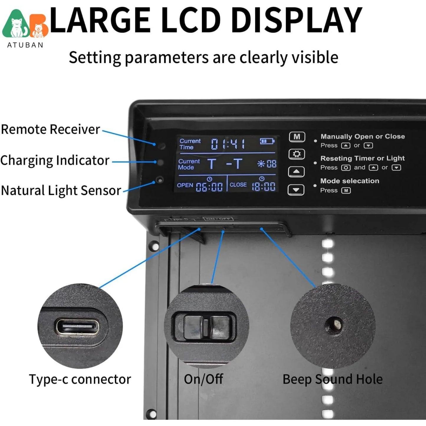 Automatic Chicken Coop Door Solar Powered, Electric LCD Display Chicken Door with Timer, Anti-Pinch Chicken Coop Door Opener