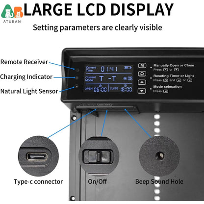 Automatic Chicken Coop Door Solar Powered, Electric LCD Display Chicken Door with Timer, Anti-Pinch Chicken Coop Door Opener