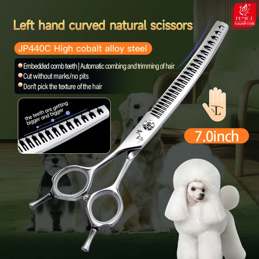Fenice Left-handed 7.0 inch High-end JP440C 25° Curved Natural Thinning Scissors Pet Shears for Dog trimming Thinning rate 75%