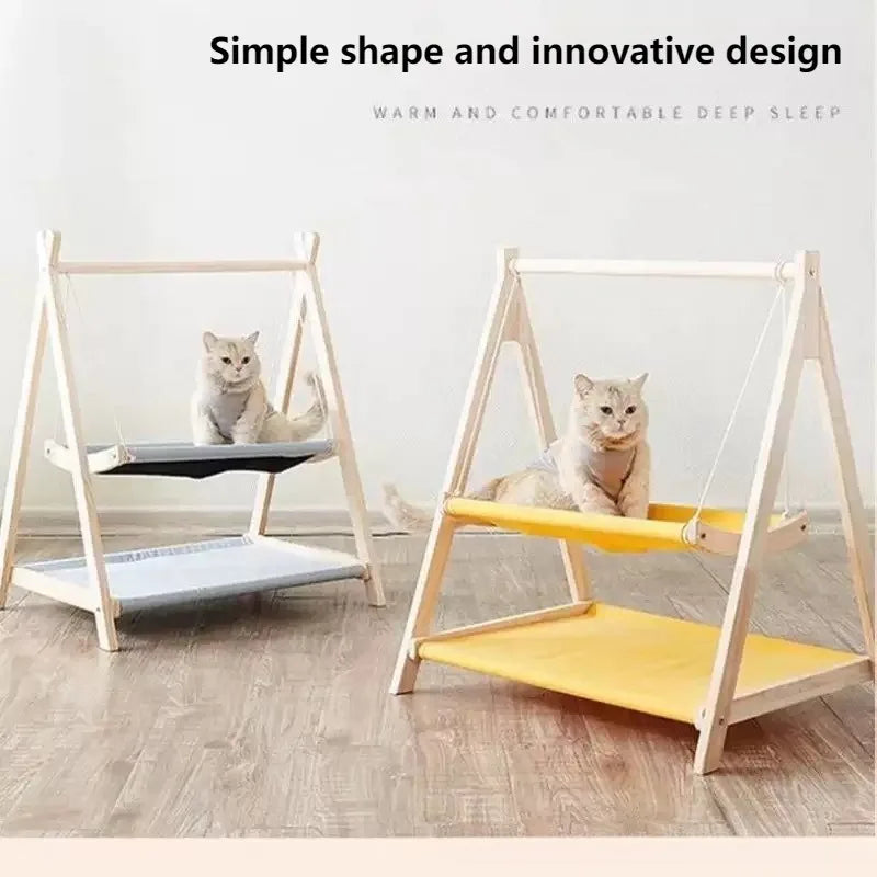 Double Layered Pet Hammock Light Luxury Cat Swing Large Capacity Wooden Cat Bed Floor Standing Comfortable and Stable Cat Bed